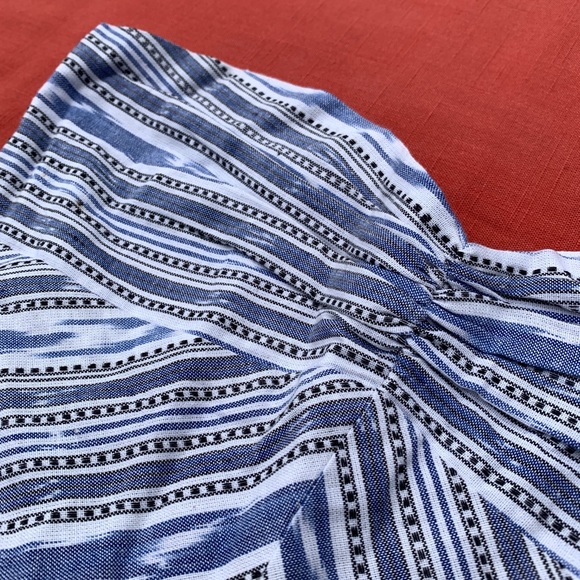 Ruched Sweetheart Neckline Southwest Stripe Cotton Chambray Strapless Mini Dress - Picture 3 of 9